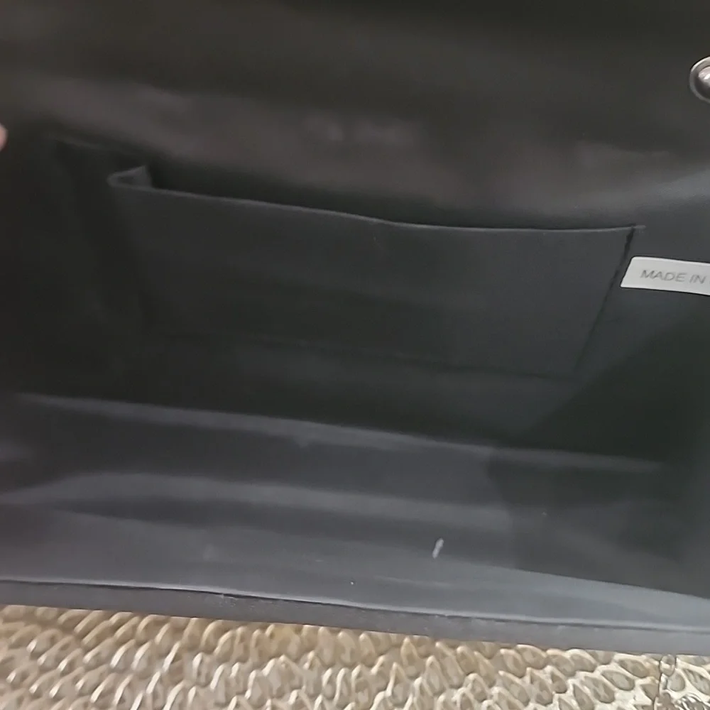 Evening purse black satin with diamonds ,and long silver chain